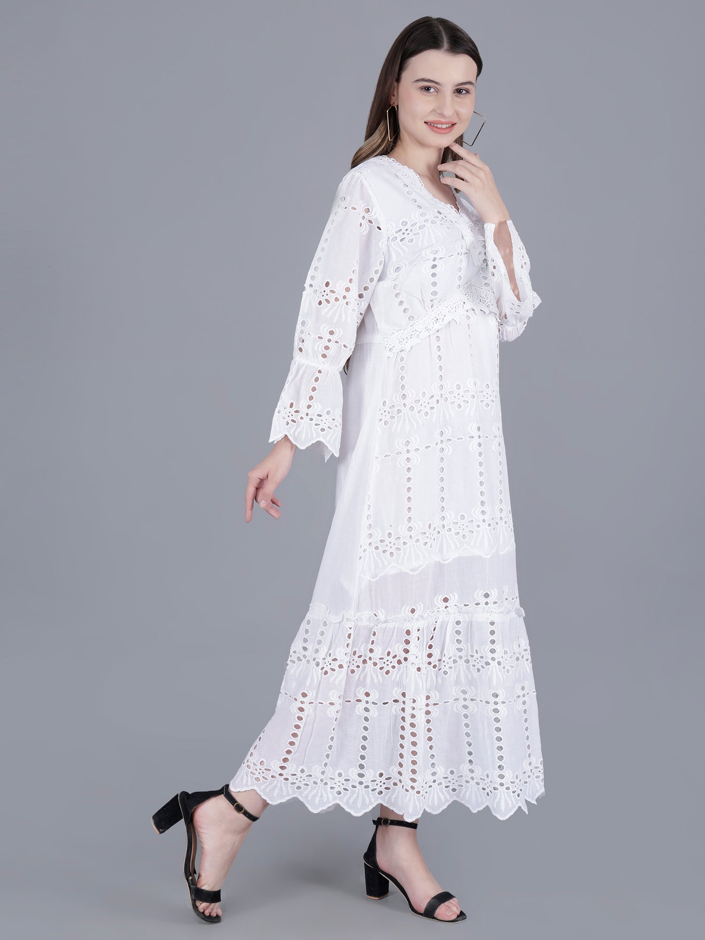 Schiffli White Long Dress