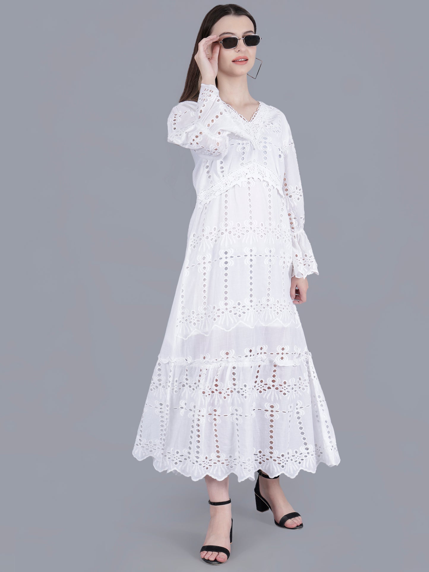 Schiffli White Long Dress
