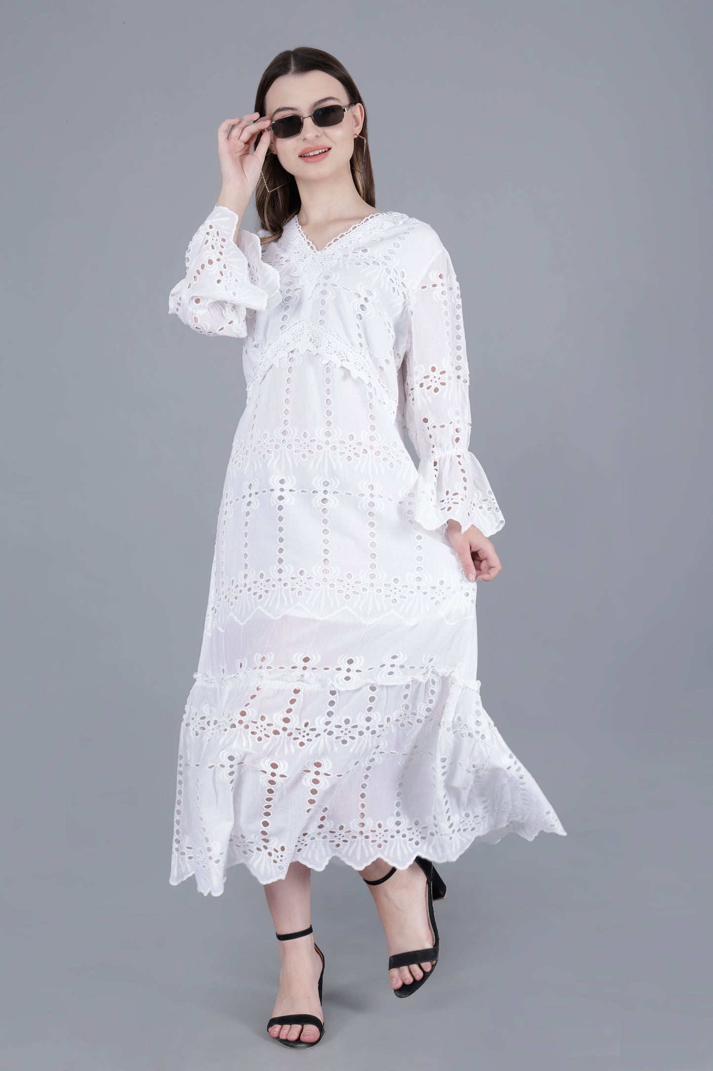 Schiffli White Long Dress