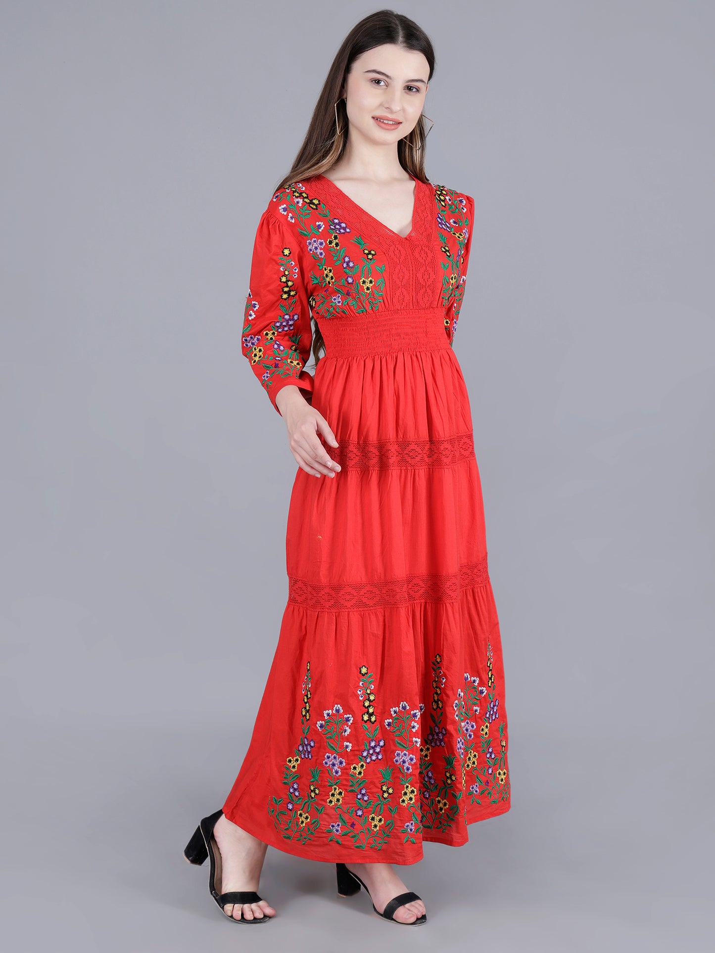 Long Red Embroidered dress