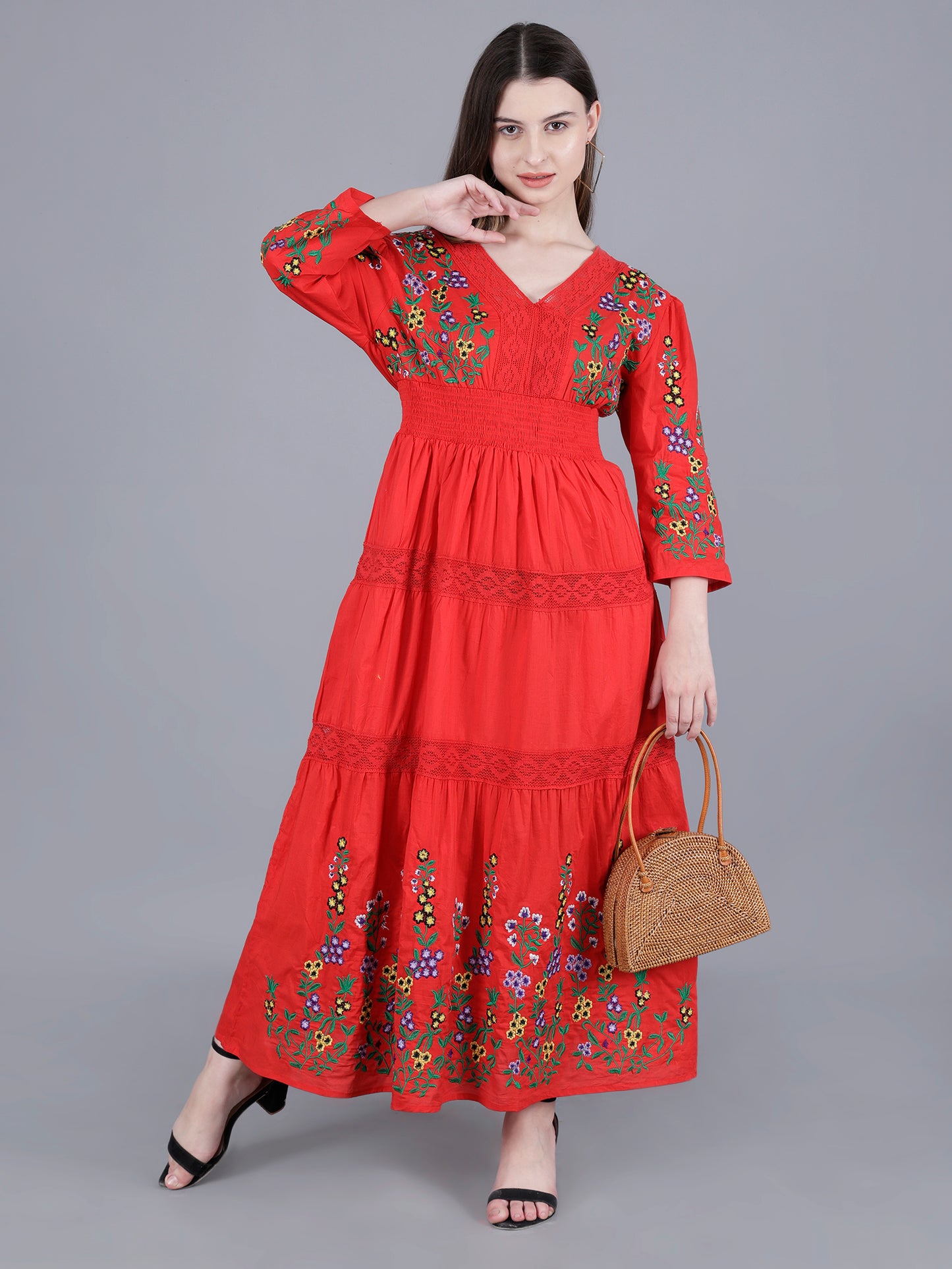 Long Red Embroidered dress