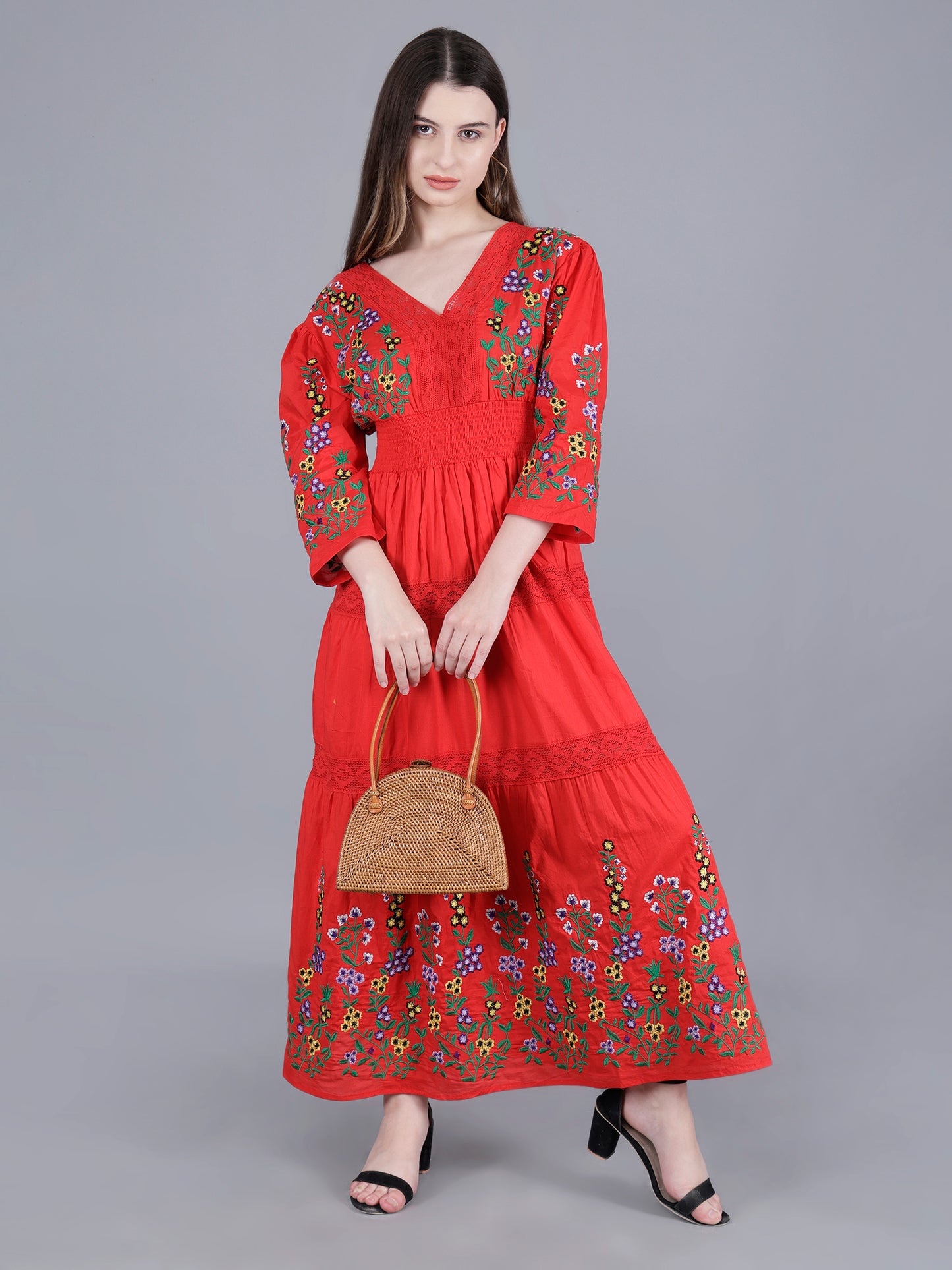 Long Red Embroidered dress