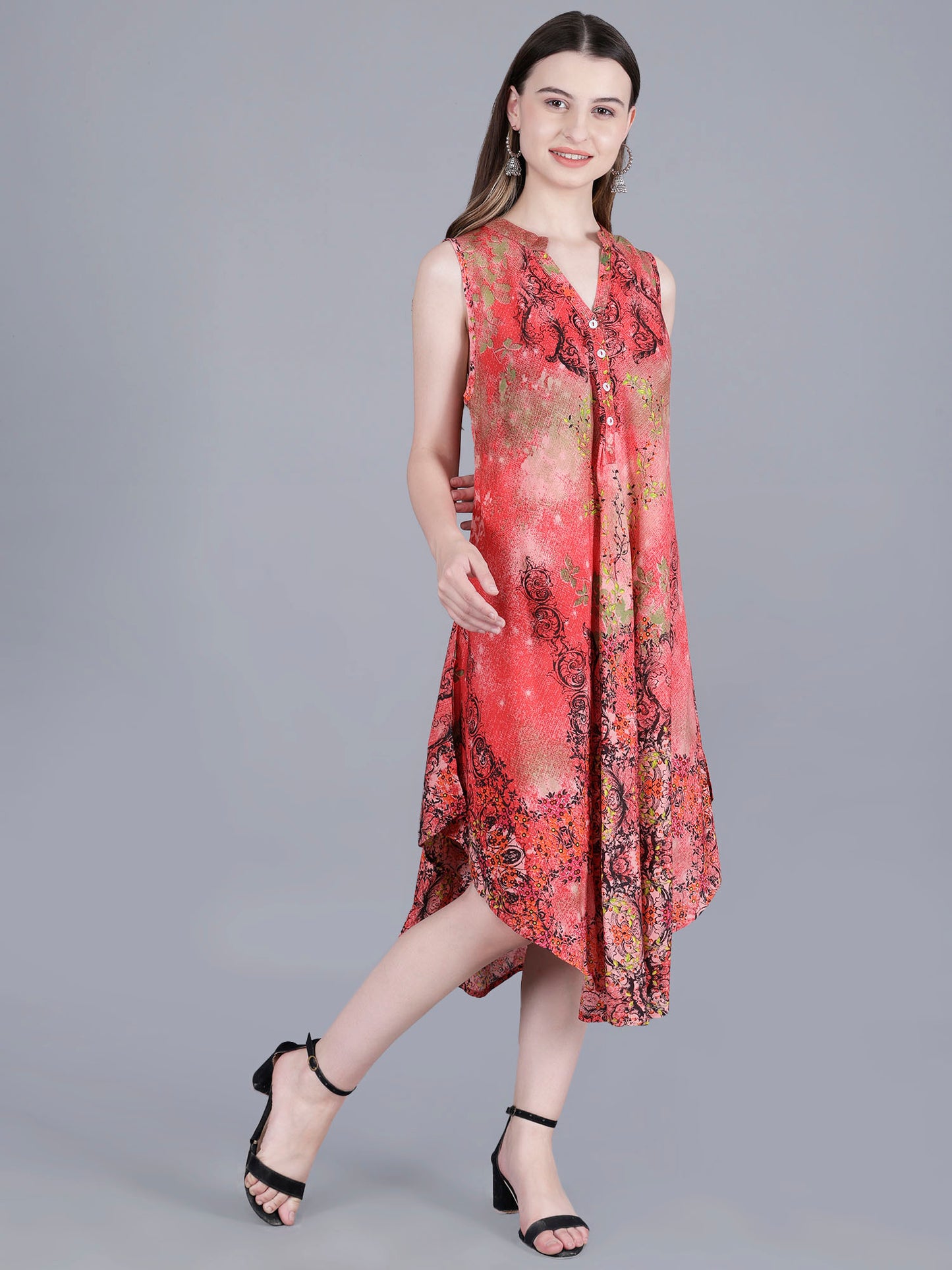 Printed Red Midi Dress