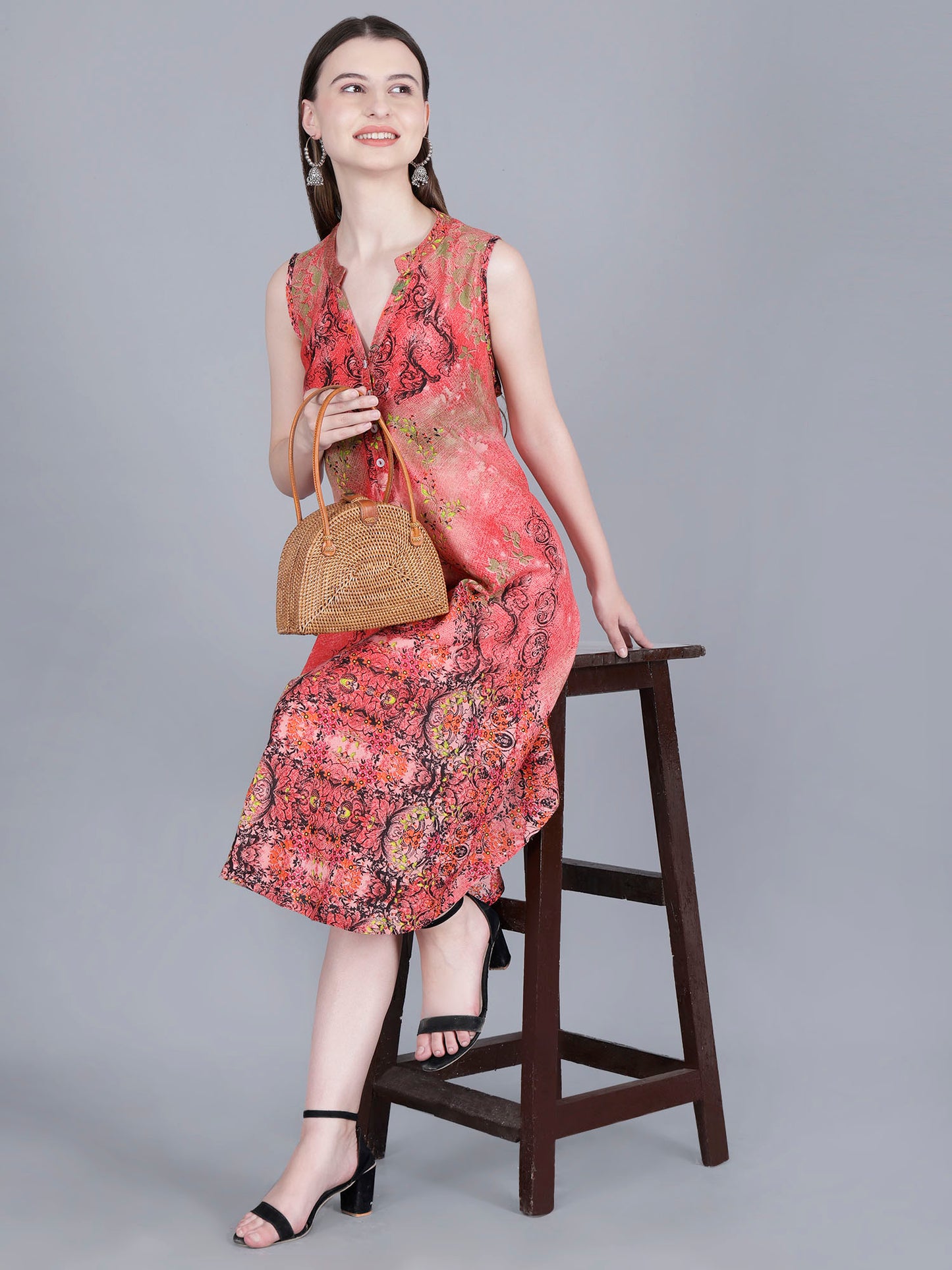 Printed Red Midi Dress
