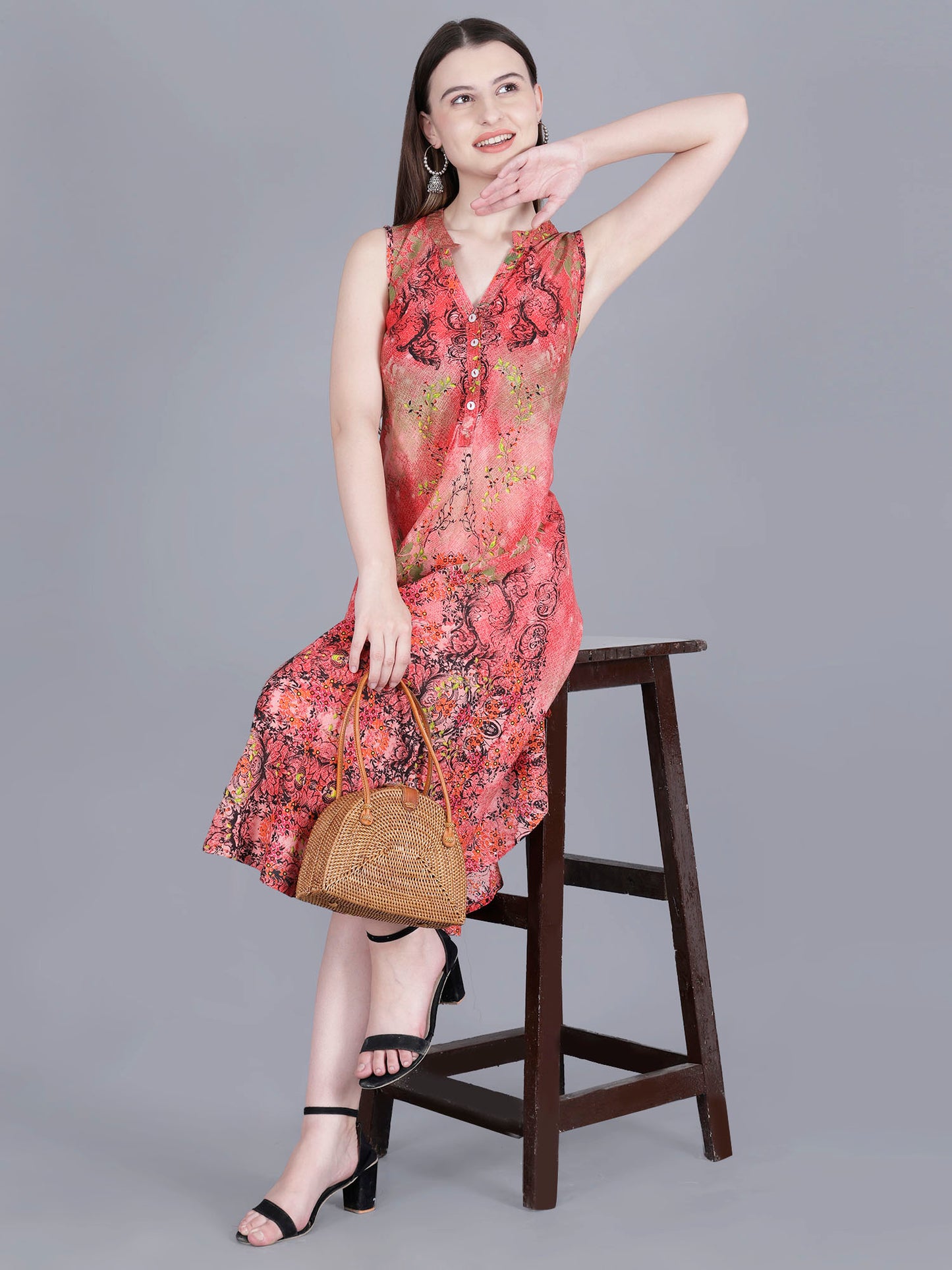 Printed Red Midi Dress