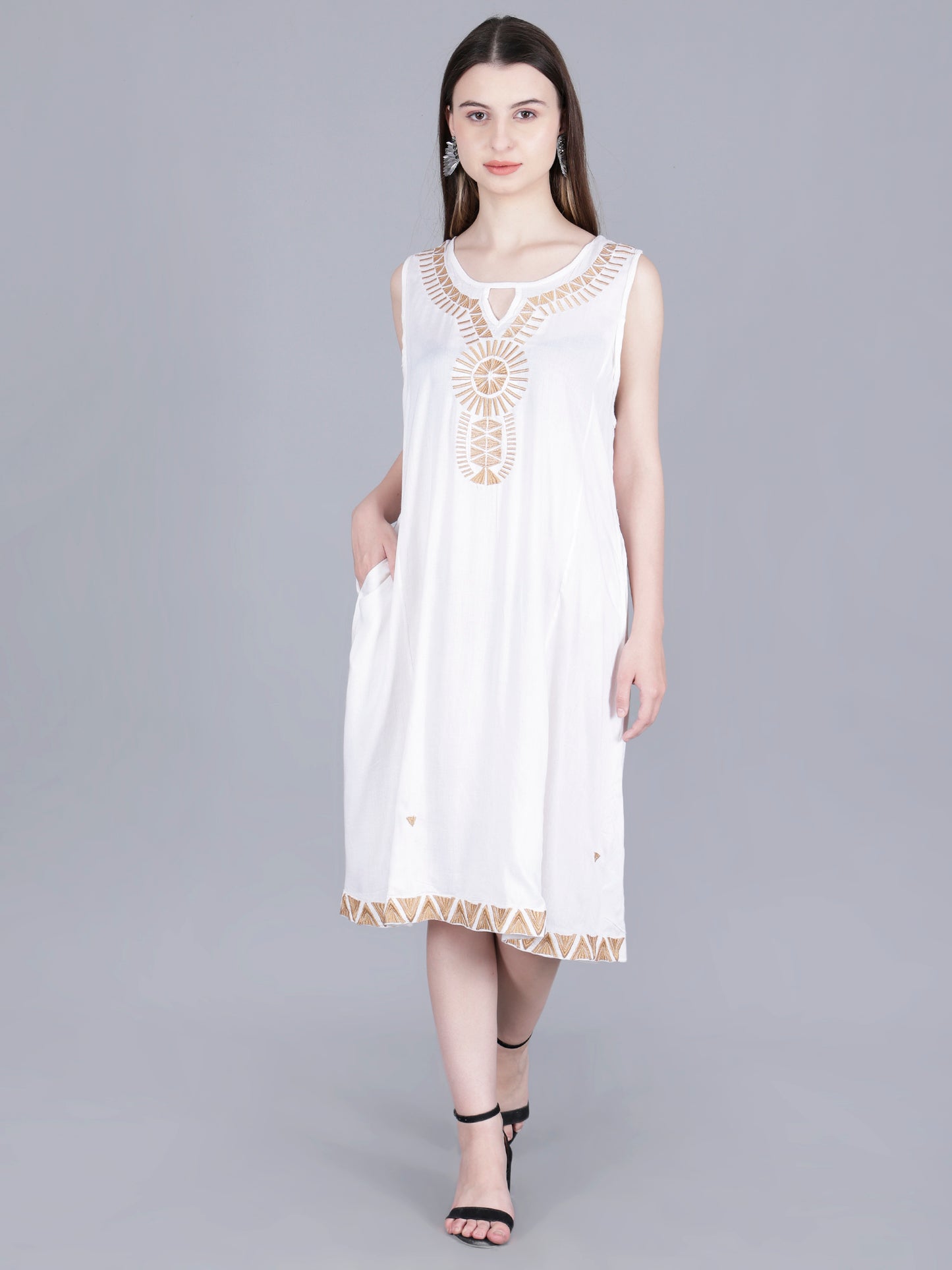 Embroidered White Midi Dress