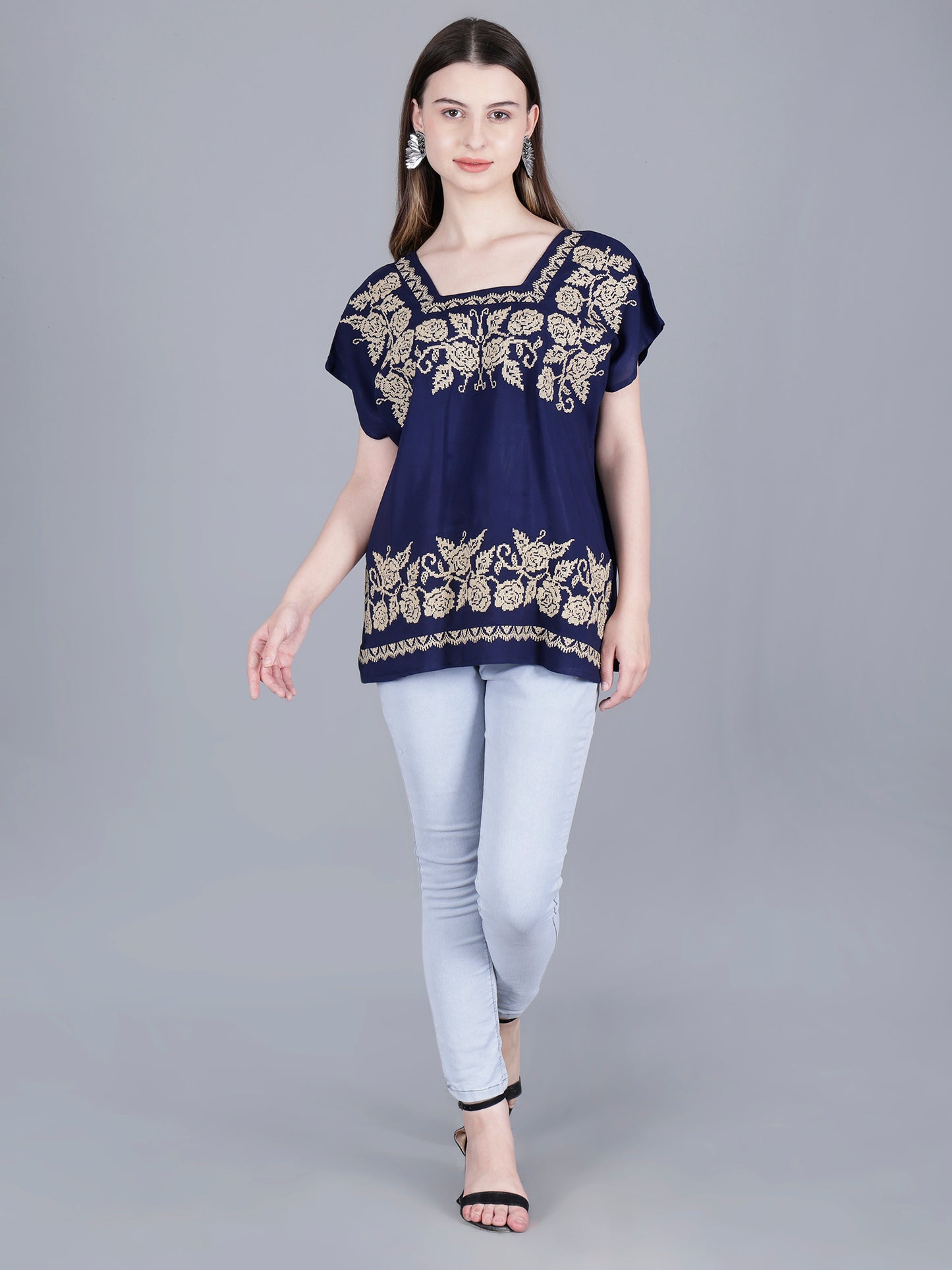 Embroidered Navy Blue Top