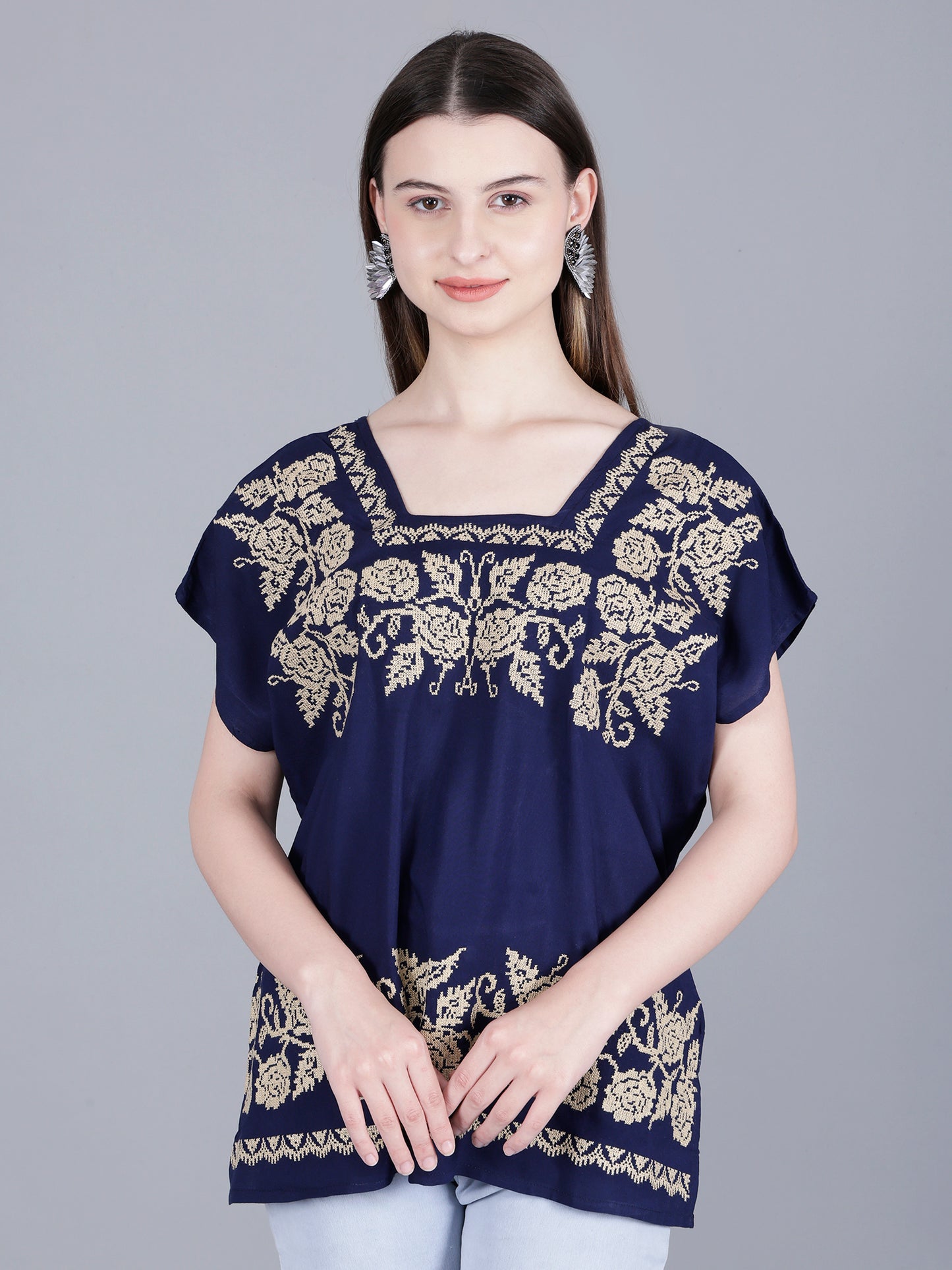 Embroidered Navy Blue Top