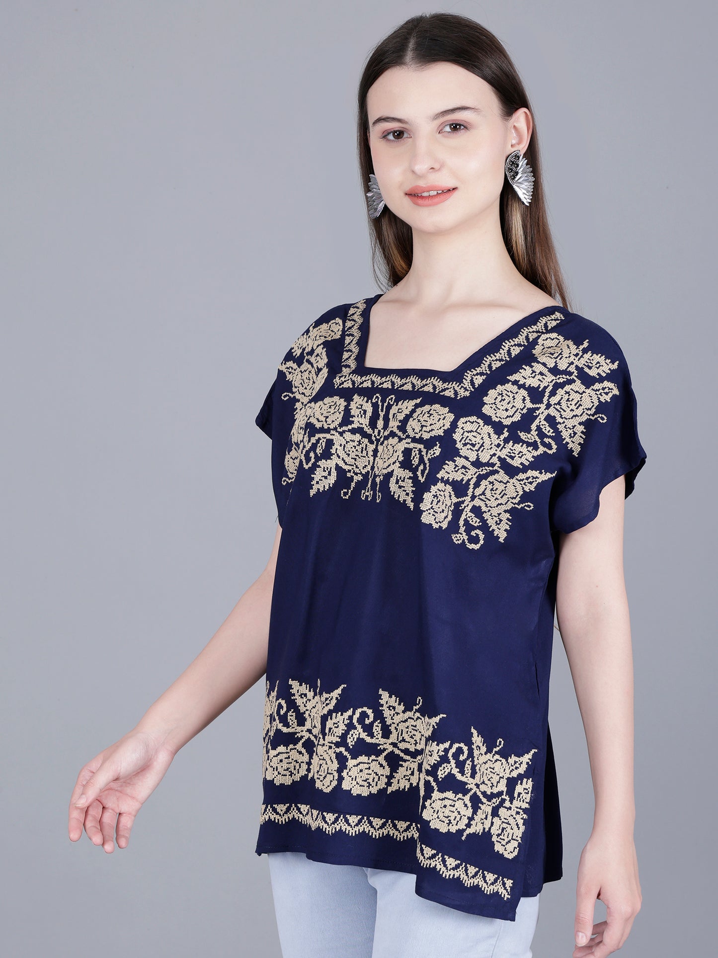 Embroidered Navy Blue Top