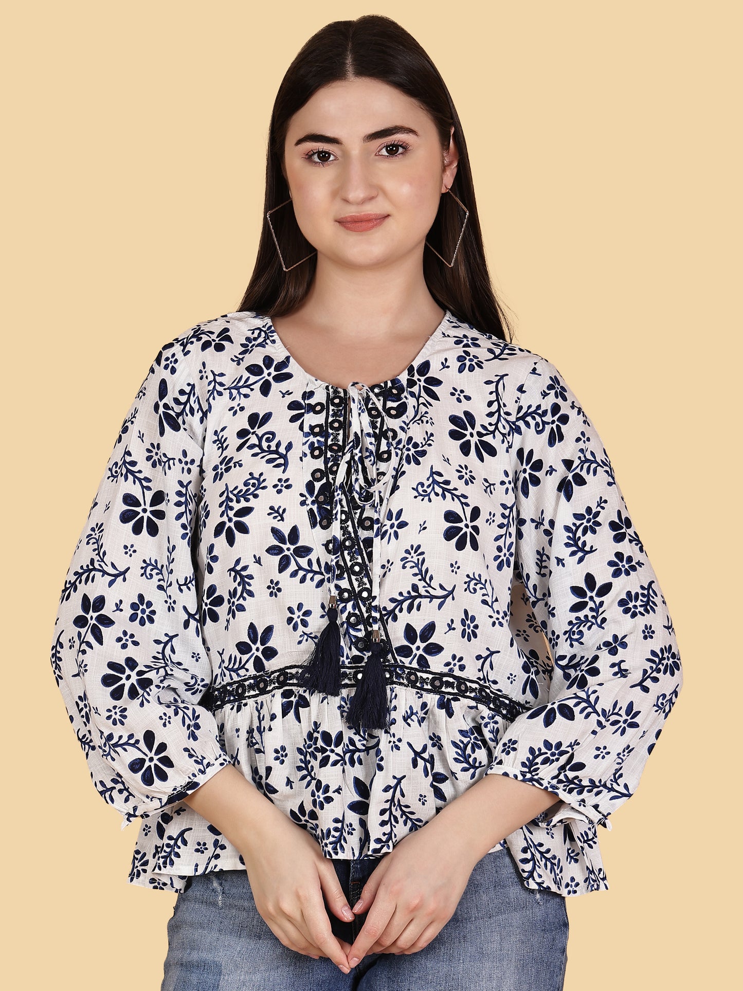 White Floral Print Top