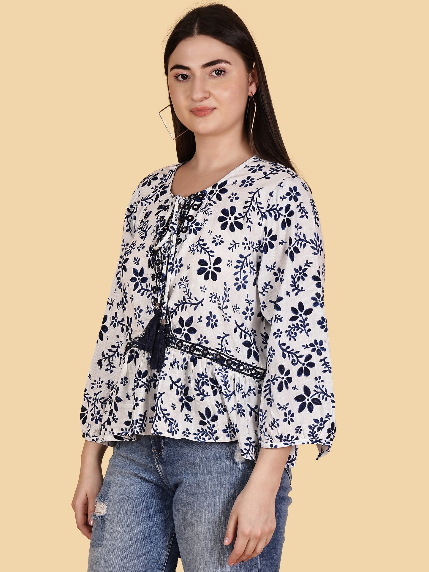 White Floral Print Top