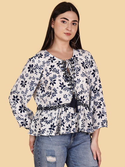 White Floral Print Top