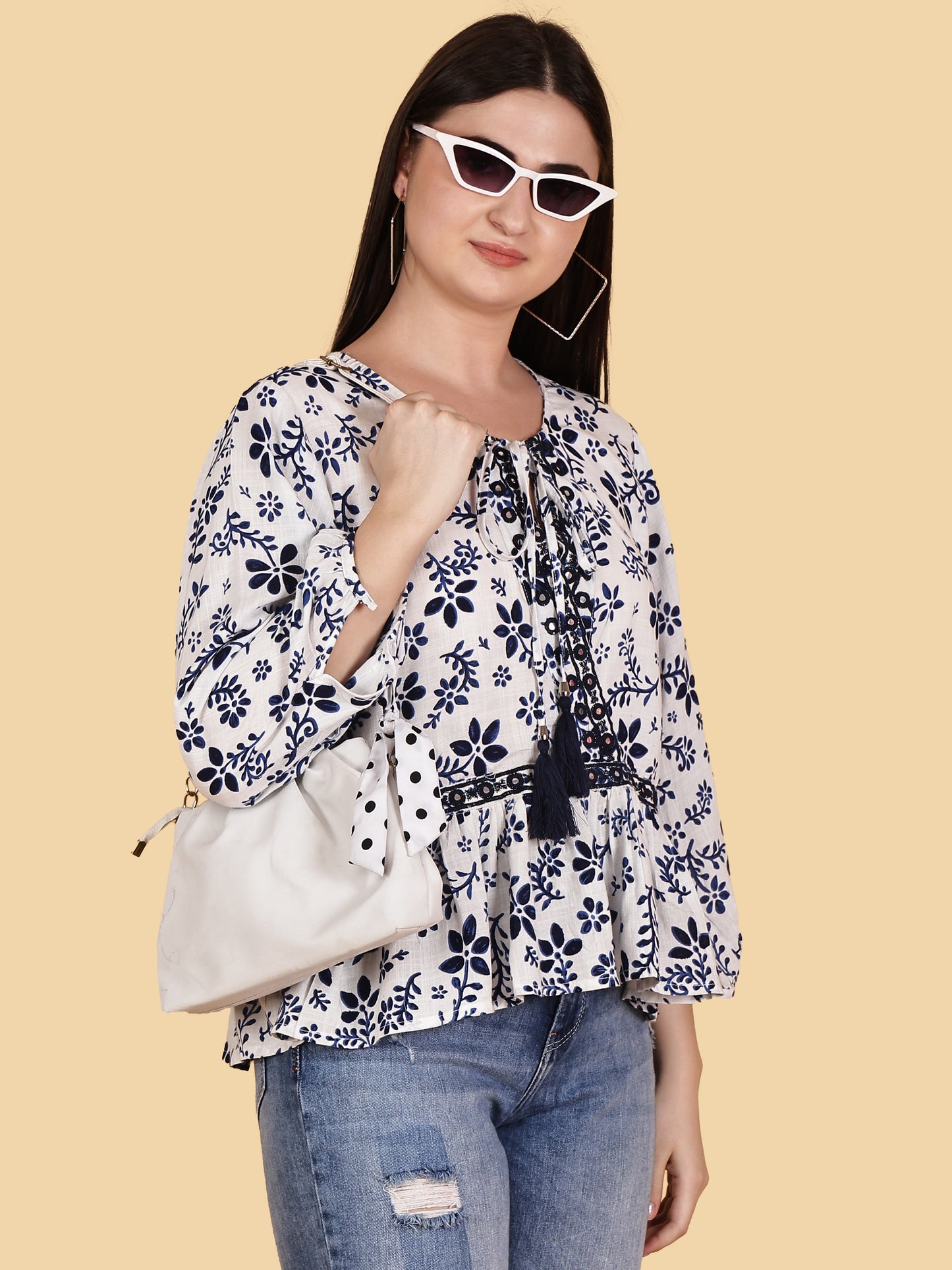 White Floral Print Top