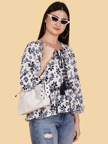 White Floral Print Top