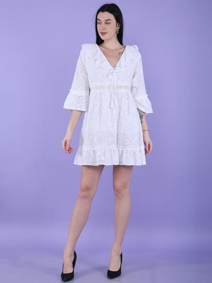 White Schiffli Short Dress