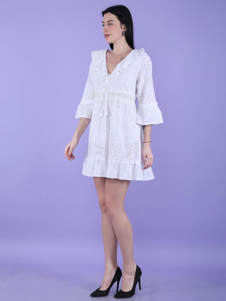 White Schiffli Short Dress