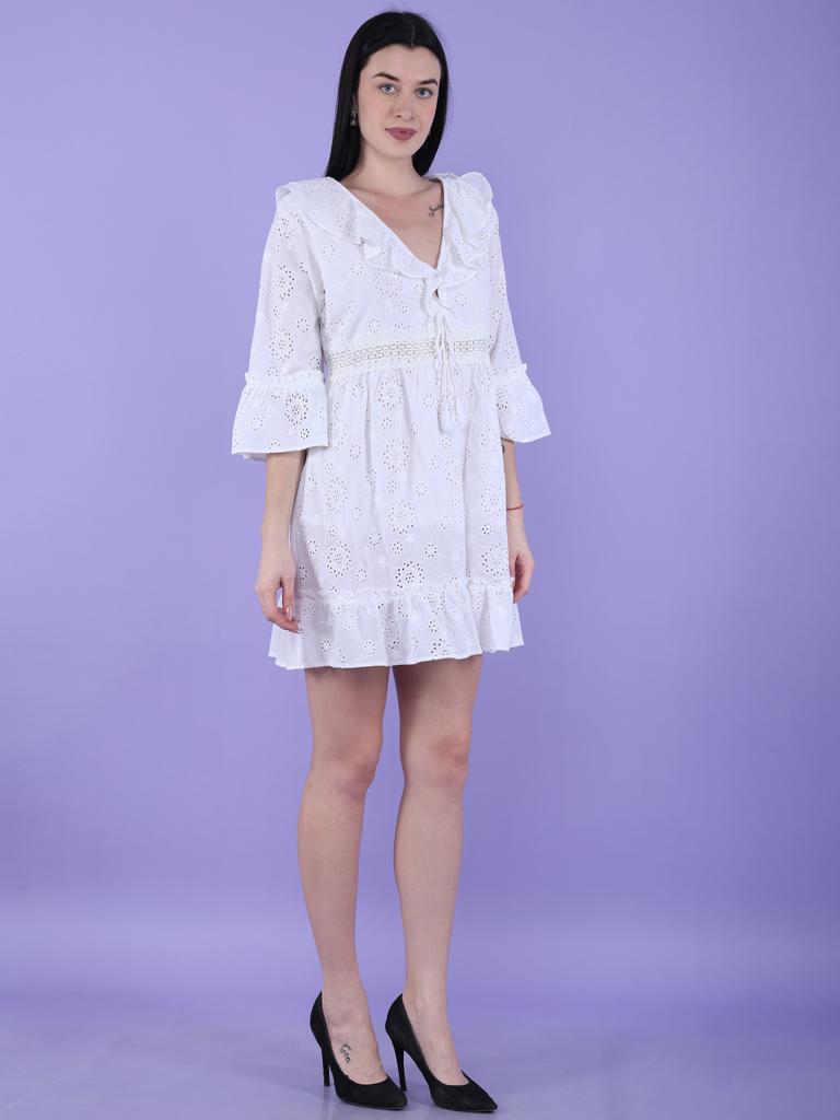 White Schiffli Short Dress